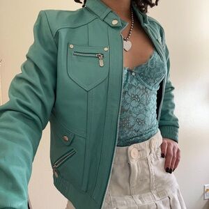 vintage turquoise leather jacket 🩵